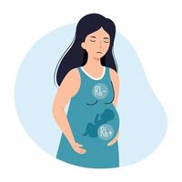 Sad pregnant woman. Rh factor and Rh conflict. Pregnancy problems. Vector character in flat style.