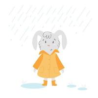 A gray bunny in an orange raincoat in the rain vector