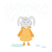 un conejito gris con un impermeable naranja bajo la lluvia vector