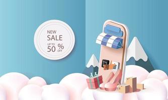 Compras de arte en papel en línea en teléfonos inteligentes y promoción de venta de nueva compra fondo rosa para el concepto de mujeres de comercio electrónico de mercado de banner. vector
