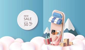 paper art shopping online on smartphone and new buy sale promotion pink backgroud for banner market ecommerce women concept. vector