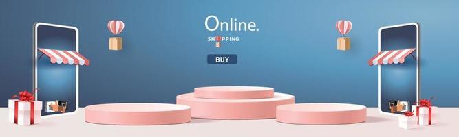 paper art shopping online on smartphone and new buy sale promotion pink backgroud for banner market ecommerce women concept. vector