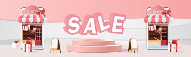 paper art shopping online on smartphone and new buy sale promotion pink backgroud for banner market ecommerce women concept. vector