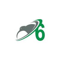 número 6 con vector de diseño de icono de logotipo de pájaro kiwi