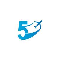 Number 5 with plane logo icon design vector illustration