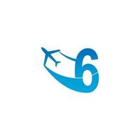 número 6 con ilustración de vector de diseño de icono de logotipo de avión