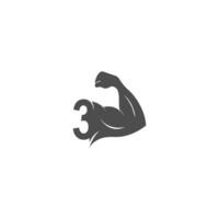 icono del logotipo número 3 con vector de diseño de brazo muscular