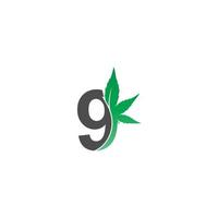 icono del logotipo número 9 con vector de diseño de hoja de cannabis