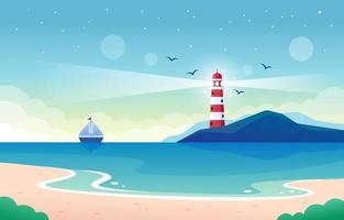 Sea with Lighthouse and Ship at Night Background vector