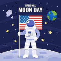 día nacional de la luna con astronauta y bandera americana vector