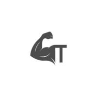 icono del logotipo de la letra t con vector de diseño de brazo muscular