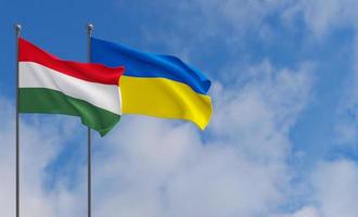 banderas de hungría y ucrania. cielo azul y bandera de hungría y ucrania. trabajo 3d e imagen 3d