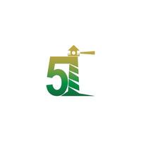 Number 5 with lighthouse icon logo design template vector