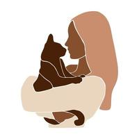 Abstract modern woman holding cute cat. Silhouette of adorable pet owners and cute pets. Women with lovely kitties in hands.Contemporary art. Fashion paper cut elements. Aesthetic Vector illustration
