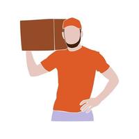 Delivery man portrait wearing red uniform. Bearded man, a courier in a cap holding a delivery package box. Postman brought the parcel. Online delivery. Flat paper cut mosaic style vector illustration