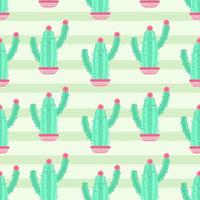 Cute cactus seamless pattern on light green stripes background vector