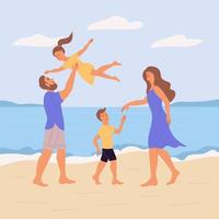 Family on the beach. Mom dances with her son, and dad throws his daughter up. Family vacation. Flat vector illustration