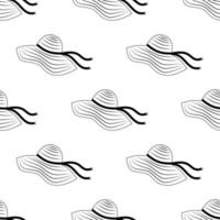 Women's summer hat seamless black and white pattern. Flat vector illustration