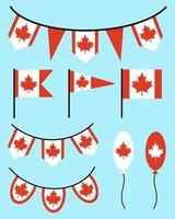 Set of flags and garlands with the sign of Canada. Red maple leaf on a white background. Triangular, rectangular banner. Country symbol. Official standard. Isolated vector icons.