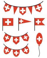 Set of flags and garlands with the symbol of Switzerland. White cross on a red background. Vector collection. Triangular, rectangular banner. Country sign. Official standard.