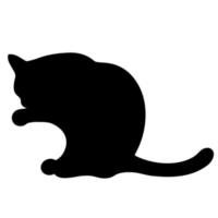 Black cat vector icon. The pet is washing. Hand-drawn animal silhouette. Isolated illustration of a predator on a white background. Domestic cat, mammal.