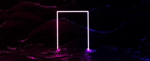 marco de puerta brillante en el océano nocturno de neón. portal rectangular blanco en agua púrpura oscura 3d con reflejos brillantes y rastro de luz. futurismo láser abstracto en estilo club synthwave