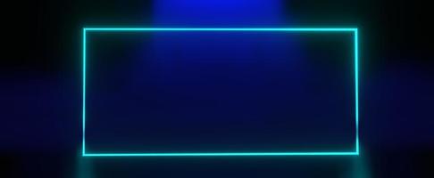 marco verde brillante en niebla azul. rectángulo de neón con renderizado 3d de brillo láser digital. cartelera de marketing de onda sintética futurista con degradado oscuro colorido foto