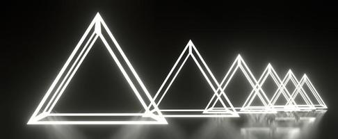 túnel de triángulos luminosos en el espacio negro. pirámide de marco de malla con vista lateral de renderizado 3d y reflejos de luz de diseño futurista en la oscuridad. corredor blanco retro futurista que se extiende a lo lejos foto
