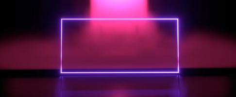 marco púrpura brillante en niebla roja. rectángulo de neón con brillo láser digital de renderizado 3d. cartelera de marketing de onda sintética futurista con degradado oscuro colorido