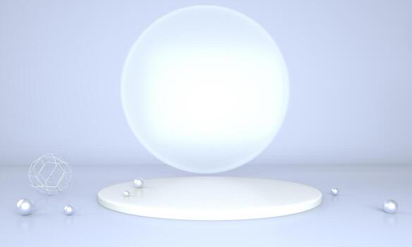 3d rendering studio with geometric shapes, podium on the floor. Platforms for product presentation, mock up background. photo