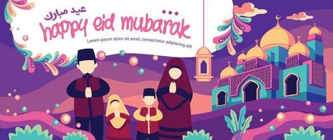 Full Color Parents And Children Illustration Happy Eid Mubarak Greeting Card Template vector