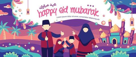 ilustración de familia feliz a todo color plantilla de tarjeta de felicitación feliz eid mubarak vector