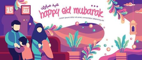 Full Color Parents And Children Illustration Happy Eid Mubarak Banner Template vector