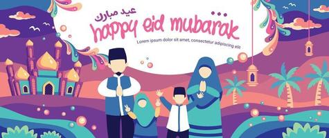 Full Color Happy Family Illustration Happy Eid Mubarak Banner Template vector