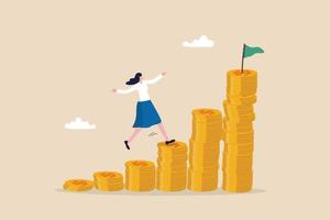 Woman investing, savings or investment for lady or female, growing wealth with compound interest, earning or profit concept, success woman investor step on money coins stack to reach financial goal. vector