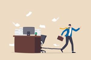 Office job work hard like a slave, overworked with busy and urgent assignment, exhausted or stressful responsibility concept, depressed businessman prisoner found himself chained with working desk. vector