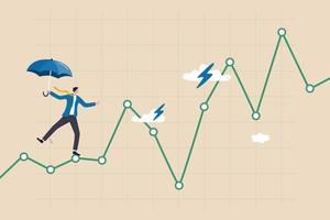 Risk and uncertainty, investment volatility or stock market and crypto currency fluctuation up and down, all weather strategy concept, businessman acrobat planning to walk on risky investment graph. vector