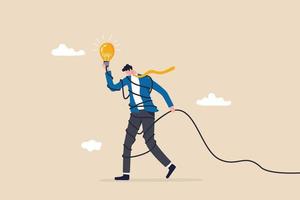 Solving complex problem, difficult idea or complicated solution, challenge or contemplation to overcome difficulty concept, frustrated businessman holding lightbulb idea while try to solve messy knot. vector