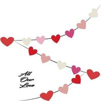 Red heart attached to a zigzag rope, on a white background. with text, all our love. vector