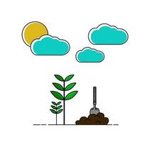 farming activities on a sunny day. a shovel and some plants and the sky is clear. Environmental protection concept. Vector flat design illustration. Square layout.