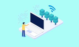 Web hosting and big data processing, racks of server space. Data center, cloud storage technology. Energy station concept. a man is watching computers in the server room. Isometric vector illustration