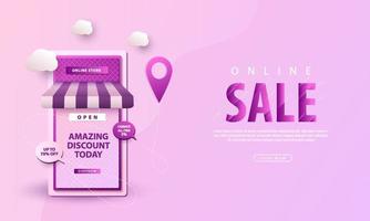 Shopping online on mobile Application. Online store promotion template design. Suitable for banner and mobile website, web, . 3D vector illustration