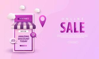 Shopping online on mobile Application. Online store promotion template design. Suitable for banner and mobile website, web, . 3D vector illustration