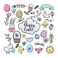 feliz conjunto de pascua de elementos de garabato. Imágenes de vector hand drawn easter collection isolated on white background