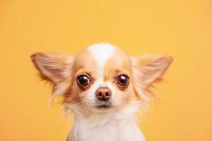 White with red spots dog breed Chihuahua on a yellow homogeneous background. Portrait of a dog. photo