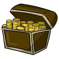 Open wooden chest with gold coins, pirate treasure chest vector