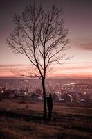 A man at a tree on the background of sunset photo