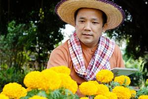 Asian middle aged man is relaxing with his free time by using his taplet to take photos and to store the growing data beside the vegetable beds in the backyard of his house. Soft and selective focus.