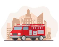 furgoneta de bomberos.vehículo rojo de servicio de emergencia.camión de bomberos rojo con escalera.vehículo de rescate.vector de ilustración plana moderna.rascacielos del horizonte de la ciudad. vector