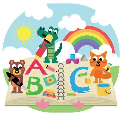 Cute animals draw and paint abc letters in notebooks